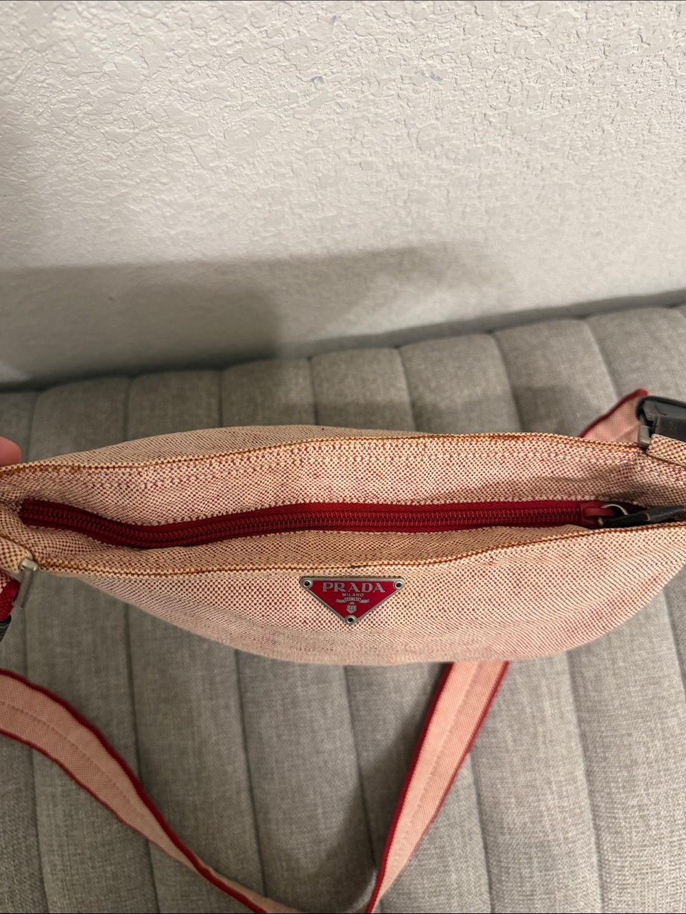Prada Beige-Pink Canvas Crossbody with Red-Trim Strap - Picture 7 of 12